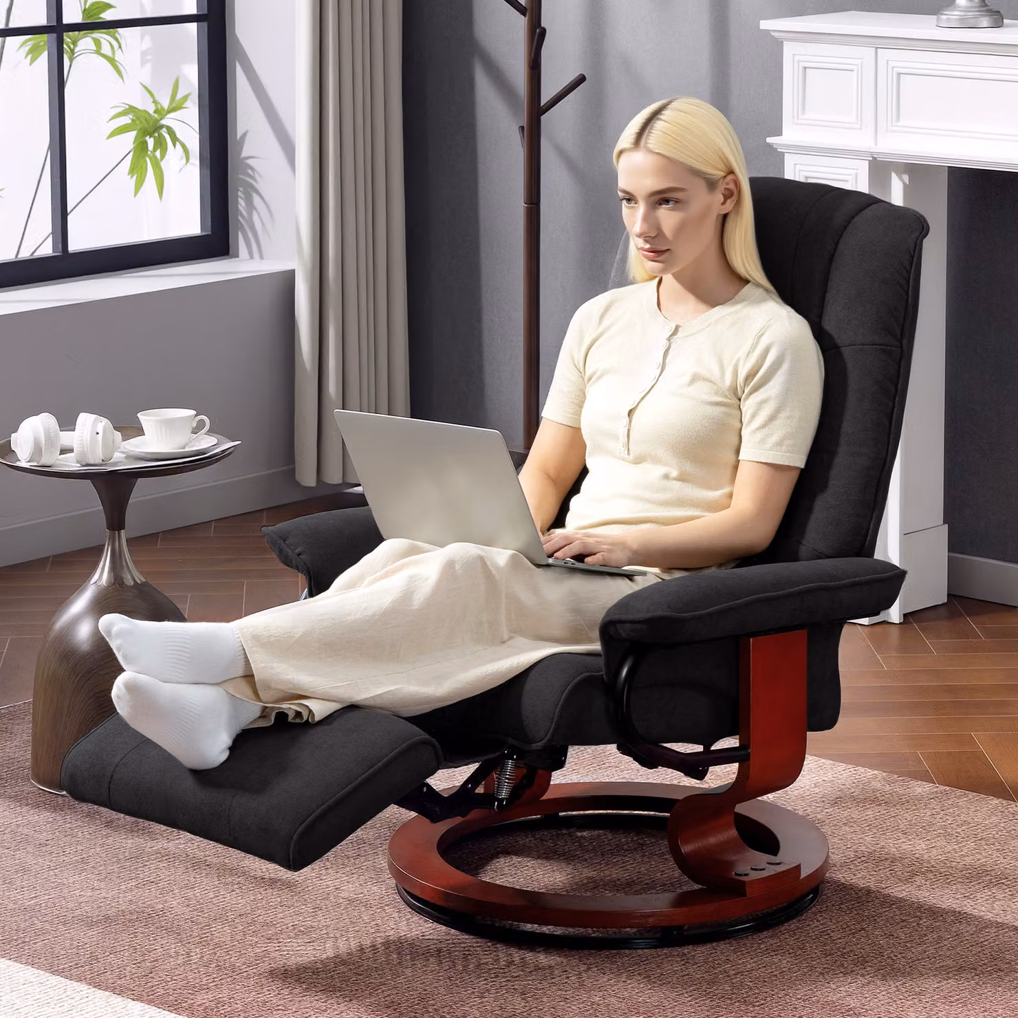 HOMCOM Black Fabric Reclining Swivel Chair with Footrest and Armrests – 8