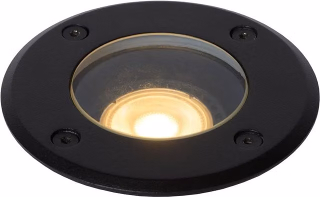 Lucide BILTIN Dimmable Modern Round Outdoor Recessed Deck Light in Black with 1xGU10 Aluminium and Glass Construction