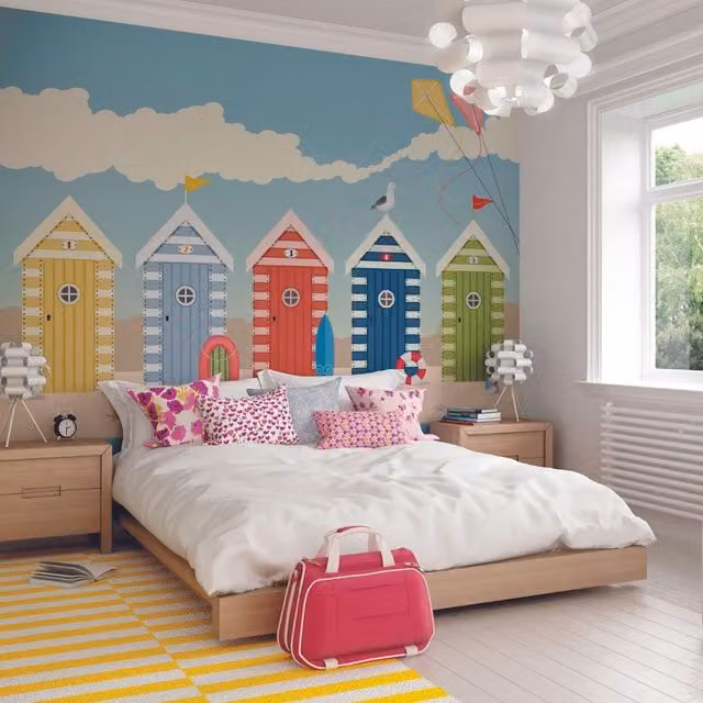 Origin Murals Beach Huts Summer Maritime Multi Wall Mural in Blue, Yellow and Multicolour