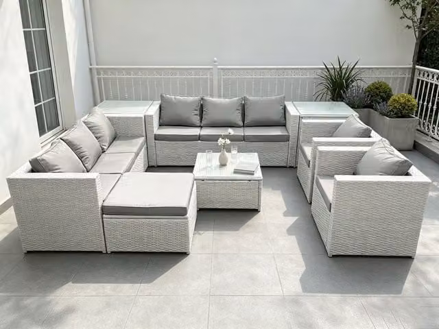 Fimous Grey Rattan Garden Furniture Set with Lounge Armchair, Ottoman and Outdoor Coffee Table
