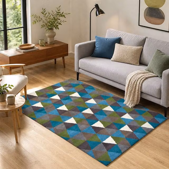 Orsina Hand Tufted Geometric Rectangular Small Rug, Wool and Cotton Blend in Multicolour, Grey, Brown and Petrol – 2