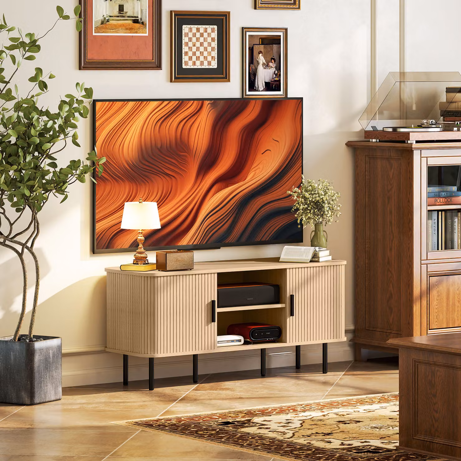 HOMCOM TV Stand Cabinet in Oak Tone for TVs up to 55 Inches with Storage Shelves and Cupboard – 2
