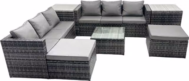 Fimous 8-Seater Outdoor PE Rattan Garden Sofa Set in Dark Grey with Upholstered Cushions and Coffee Table