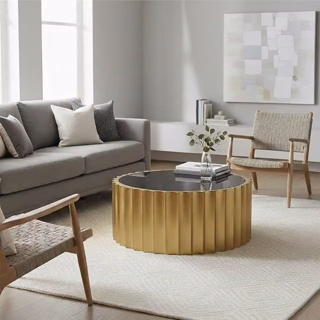 Orsina Round Black Glass and Gold Metal Coffee Table