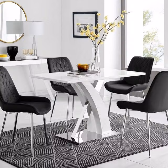 FurnitureboxUK Atlanta White High Gloss 4 Seater Dining Set with X-Frame Table and 4 Black Pesaro Velvet Chairs, W/D/H: 120 x 70 x 75 cm – 2