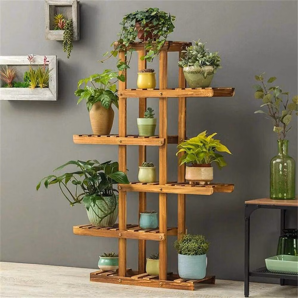 EONLION 6-Tiered Rustic Carbonised Wood Plant Stand in Brown, W/D/H: 90 x 30 x 131 cm – 3