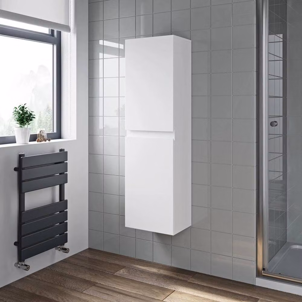 FORGEVIO White Gloss Wall Hung Tall Bathroom Storage Cabinet with Soft Close Hinged Doors and Internal Shelves – 2