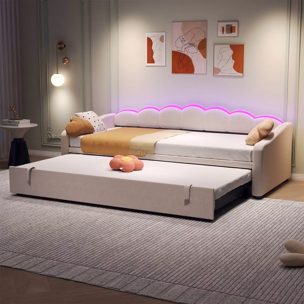 Merax White Velvet Petal Shape Single Daybed with LED Under-Bed Lighting and Pull Out Trundle, W/D/H: 90 x 190 cm – 2