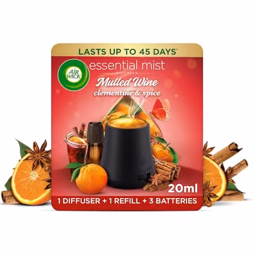 Air Wick Essential Mist Diffuser Kit in Mulled Wine, Orange and Black, including 1 Device and 1 20ml Refill with Natural Essential Oils – 1