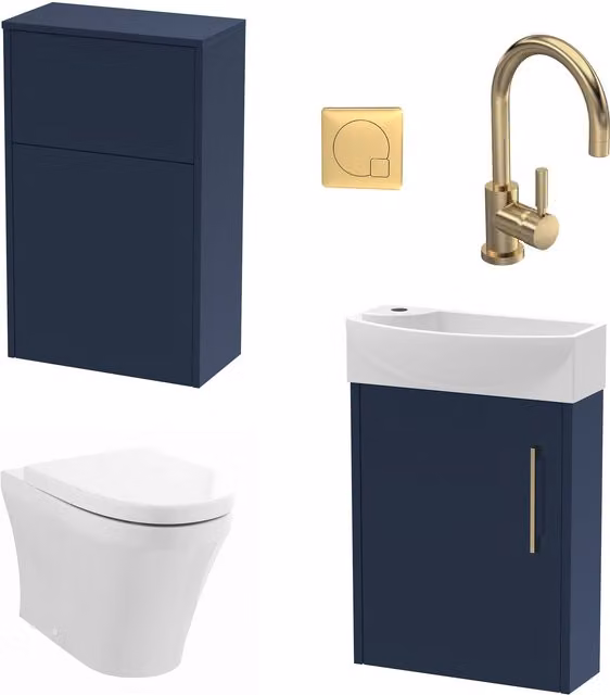 Balterley Right Hand Cloakroom Suite with Vanity, WC, and Tap Set in Grey with Blue Brass, 440mm