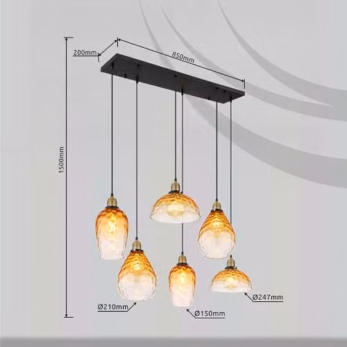 Globo Lighting Amber Glass and Black Metal Dining Room Pendant Light for 6 E27 Bulbs – 4