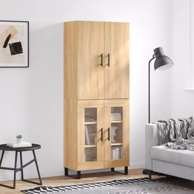 Berkfield Home Sonoma Oak Highboard in Brown with Glass Doors, W/D/H: 69.5 x 34 x 180 cm
