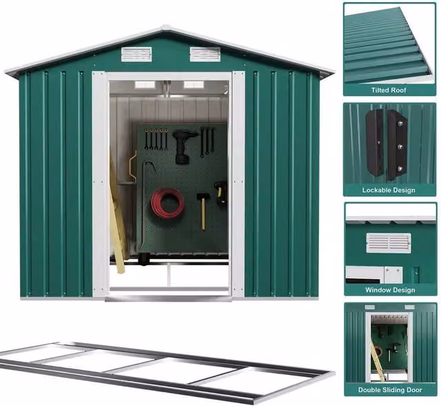 NESTLUNE Green Metal Garden Storage Shed with Double Doors and Foundation, W/D/H: 182.88 x 121.92 x 186.0 cm