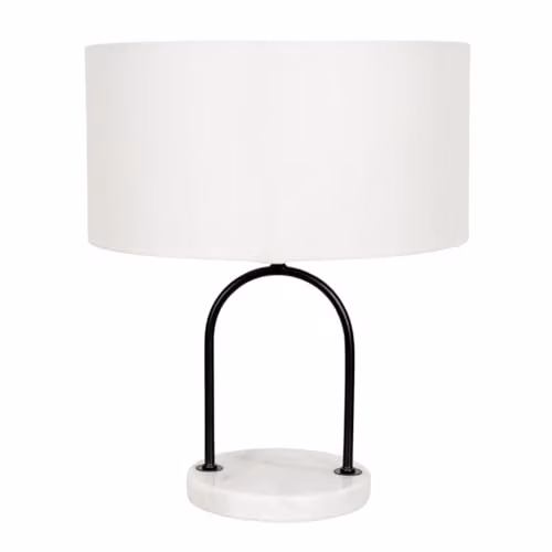 ValueLights Rachel Black Arch Marble Base Table Lamp with White Linen Shade and LED Bulb – 1
