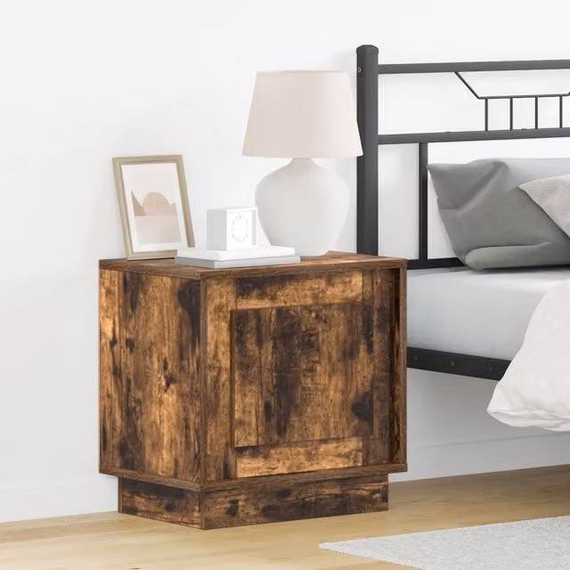Berkfield Home Modern Bedside Cabinet with Integrated LED Lights in Smoked Oak Brown, W: 44 cm, D: 34.5 cm, H: 45 cm – 1