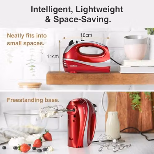 VonShef 300W Electric Hand Mixer in Red and Silver with 5 Speeds and Stainless Steel Attachments – 7