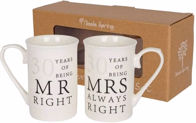 Nicola Spring 30th Anniversary White Bone China Coffee Mug Set, 2 x 300 ml
