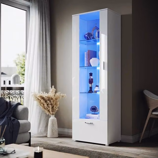 FORGEVIO Modern High Gloss White Tall Display Cabinet with Glass Doors and Integrated Lighting, W/D/H: 40 x 40 x 187 cm