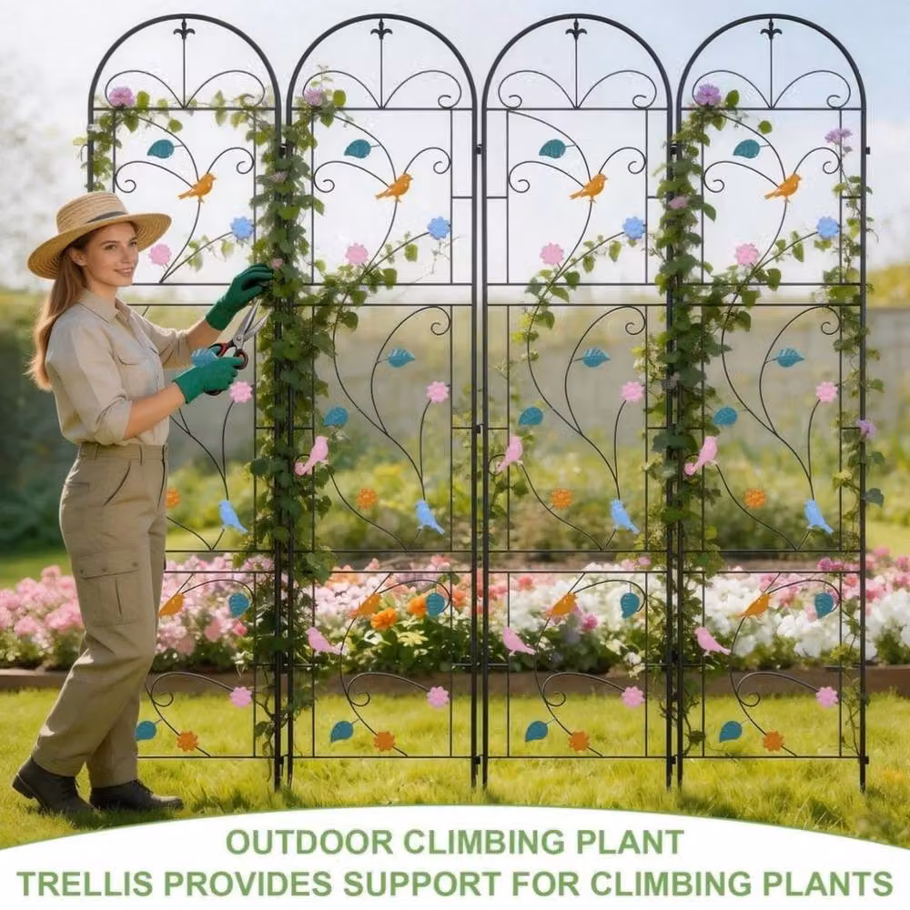 FLAVORA 2 Pack Metal Garden Trellis with Multicolour Bird Support in Black, W: 100 cm, D: 15 cm, H: 214 cm – 5