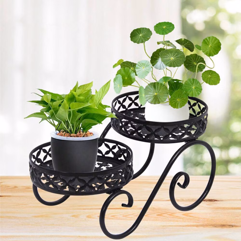 Living and Home 2-Tier Metal Plant Display Stand in Matt Black for Indoor and Outdoor Use – 2