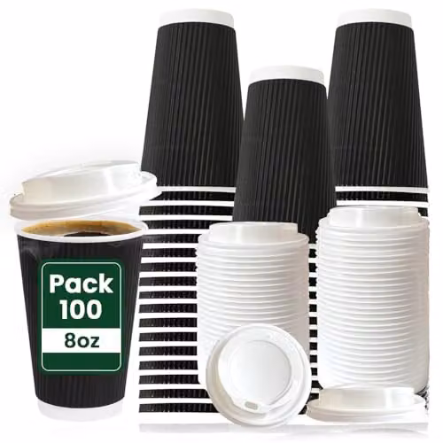 ECONX 100 Pack Black Ripple Triple Wall Disposable Coffee Cups with White Lids, 8oz – 1