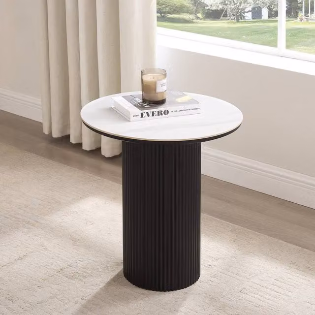 Home Detail Oscar Round Sintered Stone Japandi Side Table with Black Base in Multicolour