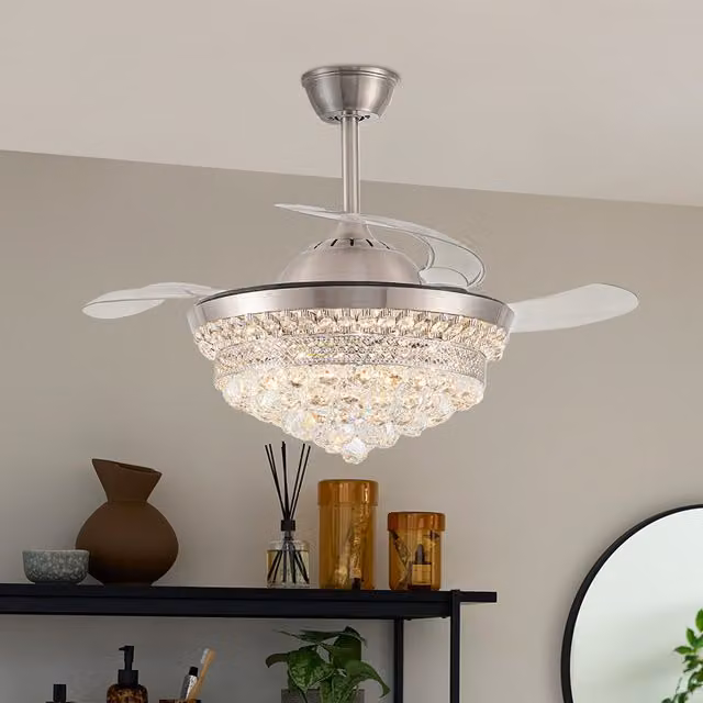 Livingandhome Modern Round LED Ceiling Fan Light with Crystal Acrylic Shade and Remote Control in Silver and White