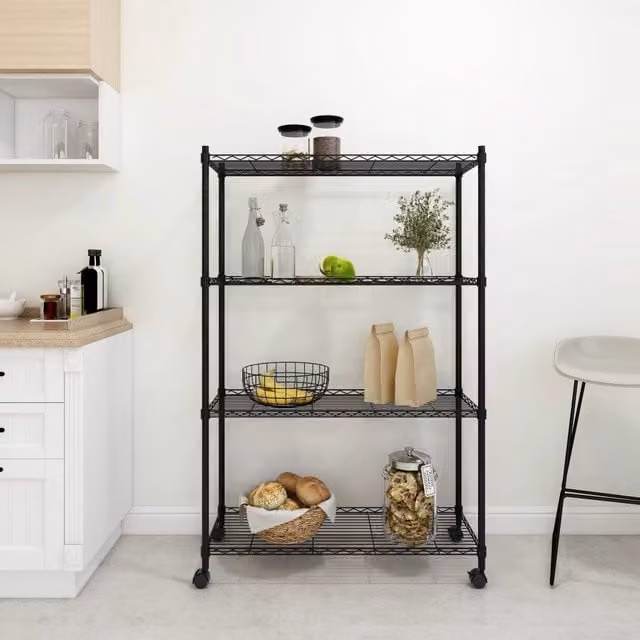 Berkfield Home 4-Tier Metal Storage Shelf with Wheels, Black, W/D/H: 90 x 35 x 142 cm – 1