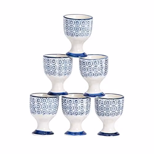 Nicola Spring Hand-Printed Floral Egg Cups, Blue Stoneware, Pack of 6