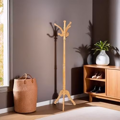 Orsina Brown Wooden Coat Stand with Post Tree Design and Distributed Point Hooks, H 182 x W 68 x D 68 cm – 2