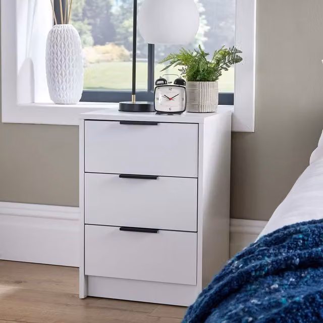 Home Source Phoenix 3 Drawer Bedside Nightstand and Side Table in White and Silver