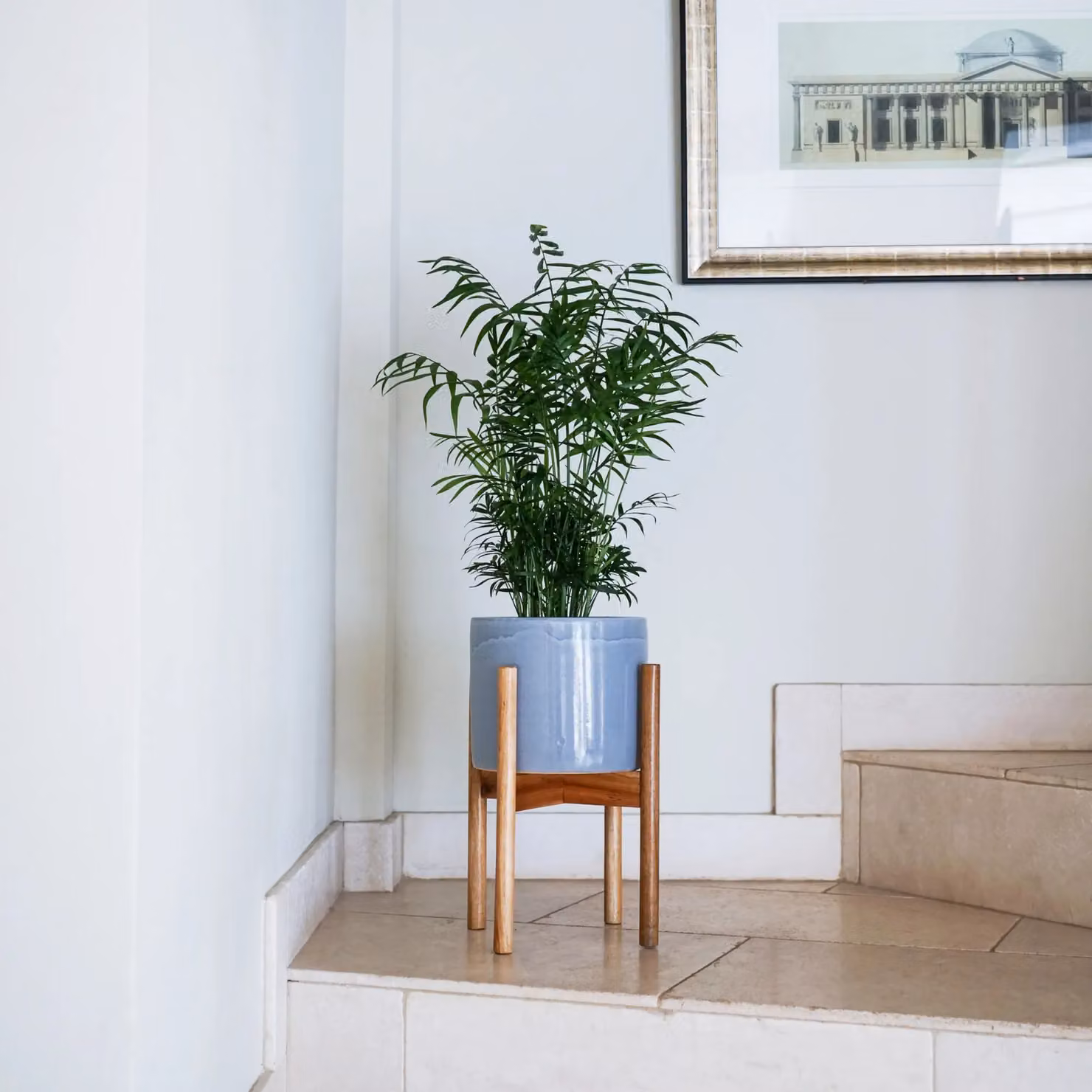 Ivyline Anzio Warm Grey Ceramic Planter with Wooden Stand, H38.5 x D24 cm – 2