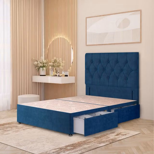 Somnior Beds Ltd Chesterfield Velvet Divan Bed Base with Drawers and Floor Standing Headboard, Blue, W: 200 cm, D: 200 cm