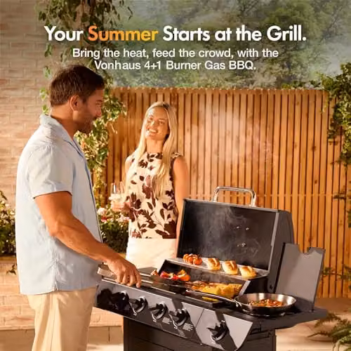 VonHaus Black Gas BBQ with 4+1 Burners, Side Burner, Warming Rack, Thermometer and Storage Cart – 2