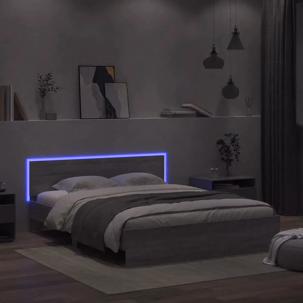 Berkfield Home King Size Bed Frame with Headboard, LED Under-Bed Lighting and USB Charging Port, Grey Sonoma, W: 150 cm, D: 200 cm – 2