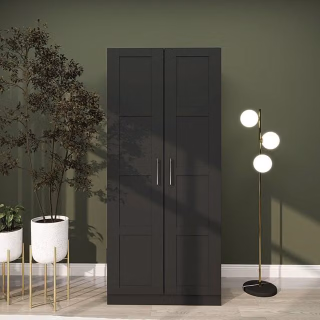 HOMCOM Modern Double Wardrobe with Soft-Close Hinged Doors, Internal Shelves and Hanging Rail in Black and Silver