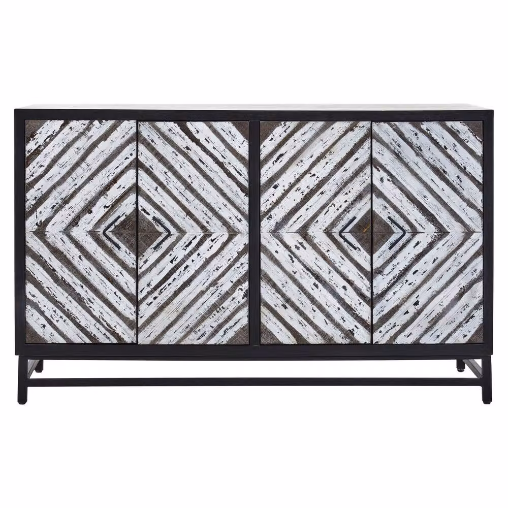 Orsina Modern Black Four Door Sideboard with Geometric Pattern and Internal Shelving – 2