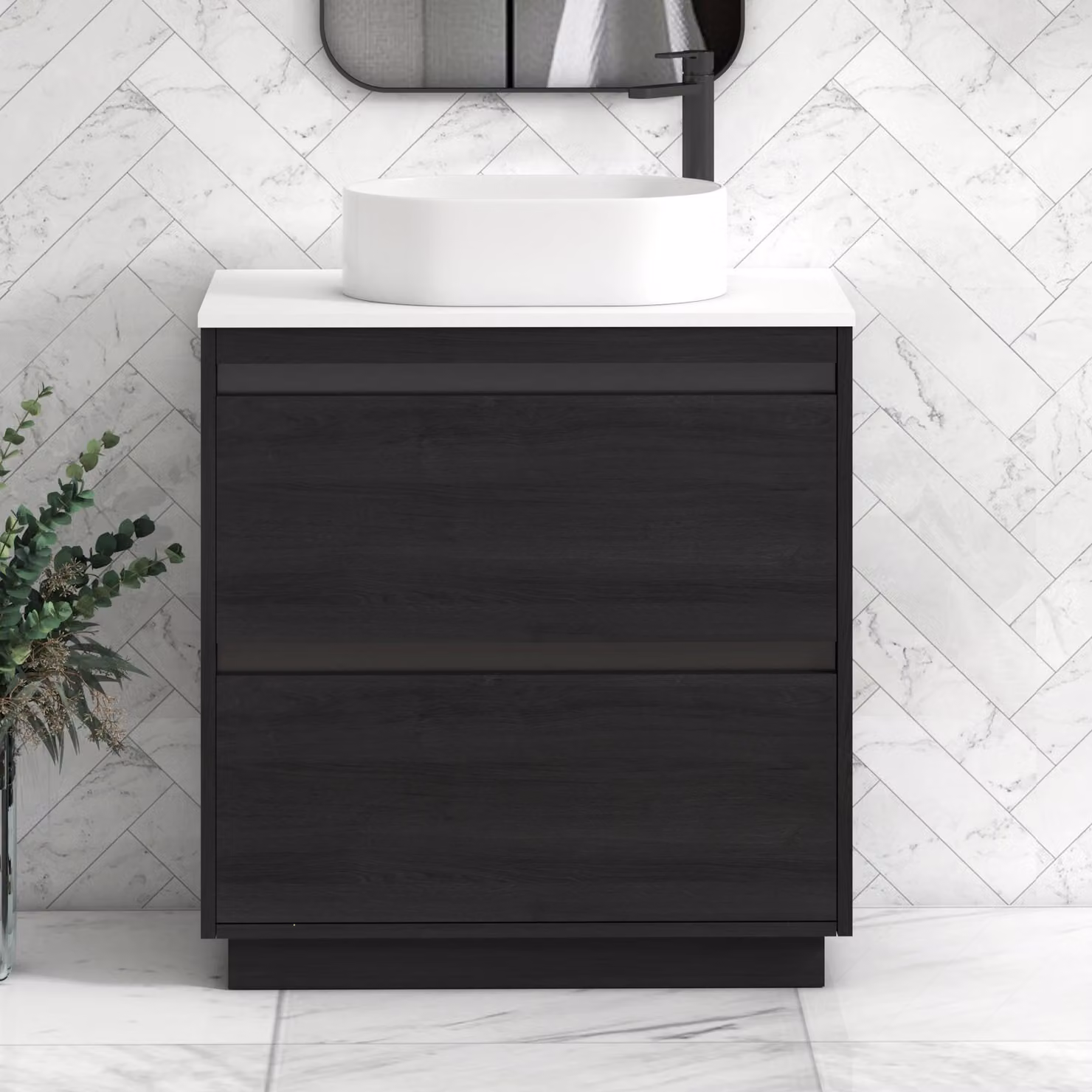 Royal Bathrooms Orion 800mm Hale Floor Standing Plain White Countertop Vanity Unit with 2 Drawers, Peak Basin and Black Accent Trim