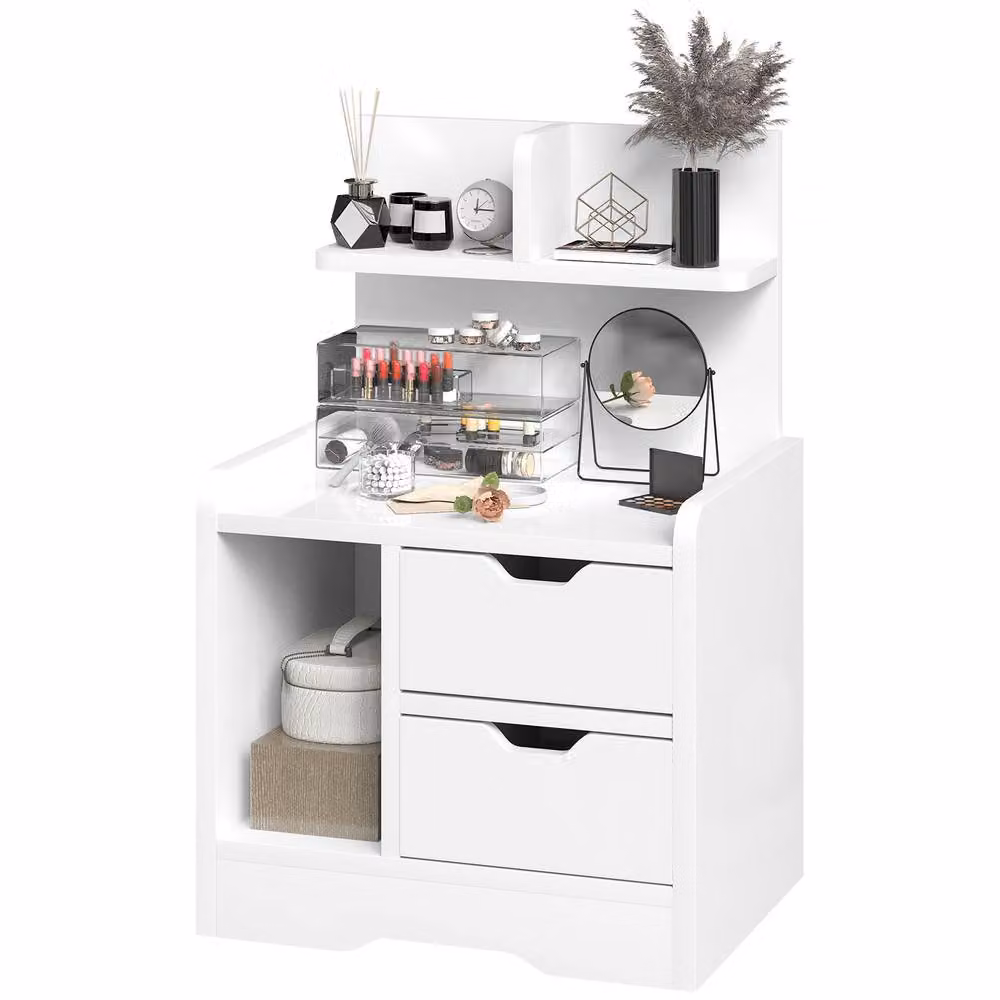 STILVORA Modern Glossy White Bedside Table with 2 Drawers and Shelves – 3