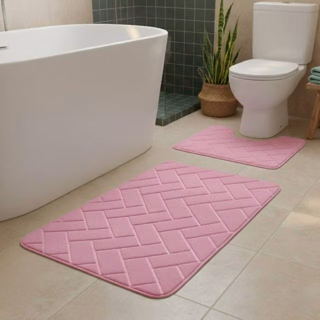Snug City City Block Design Memory Foam Bath Mat Set in Pink, W: 80 cm, D: 50 cm