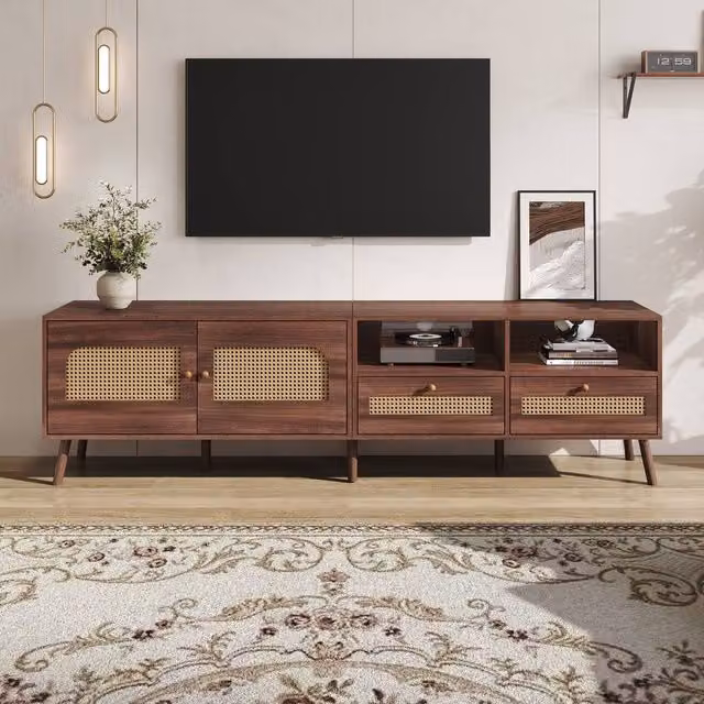 ModernLuxe Modern TV Cabinet with Rattan Design, 2 Drawers and 2 Doors in Brown, W/D/H: 200 x 49.5 x 49.5 cm