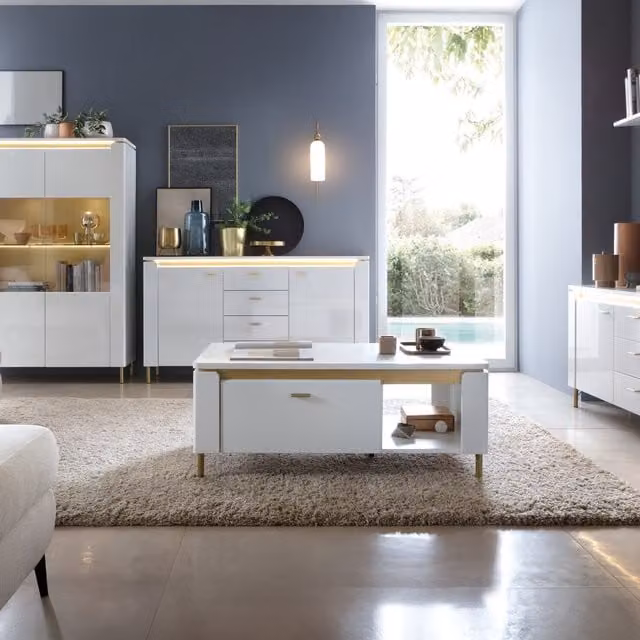 Furniture To Go Lazio Rectangular Coffee Table in White and Gold Glossy MDF