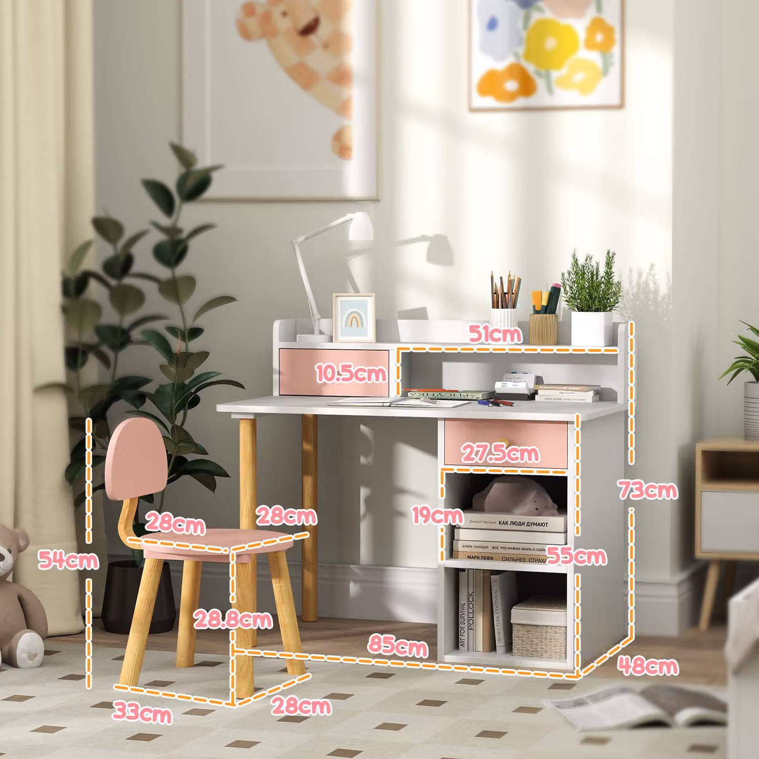 AIYAPLAY 2 Piece Childrens Study Desk and Chair Set with Hutch, Storage Drawer and Shelves, Pink and White – 2