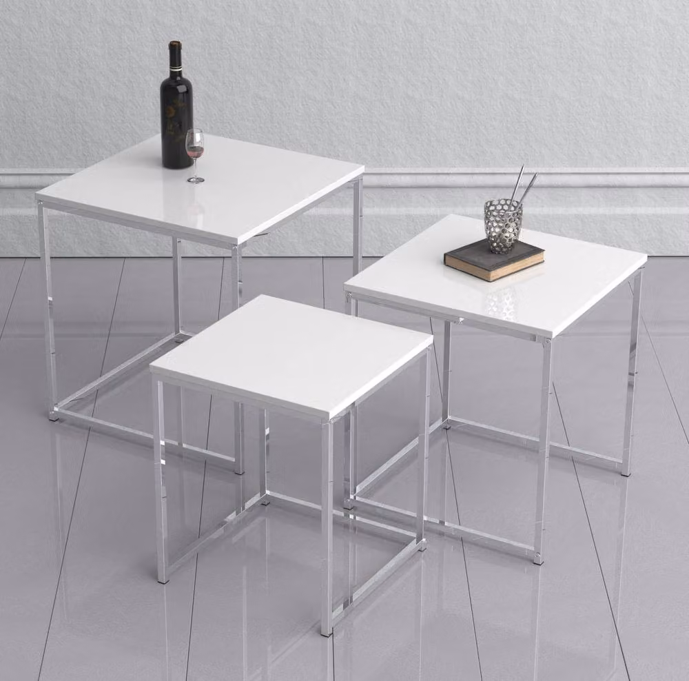 VCM Sofatic 3-Piece Nested Coffee and Side Table Set in White Glossy MDF – 2