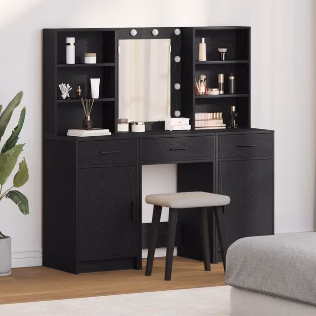 Berkfield Home Hollywood LED 3 Piece Dressing Table Set in Black Matt MDF – 1