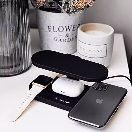 Canyon 5-in-1 Qi Wireless Charging Station with UV Steriliser, 24W Fast Charger with USB-A and USB-C, Black – 2