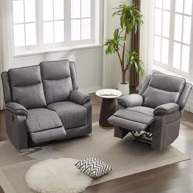 Furniture One Grey Fabric Manual Recliner Sofa Set Including Armchair and 2 Seater Loveseat