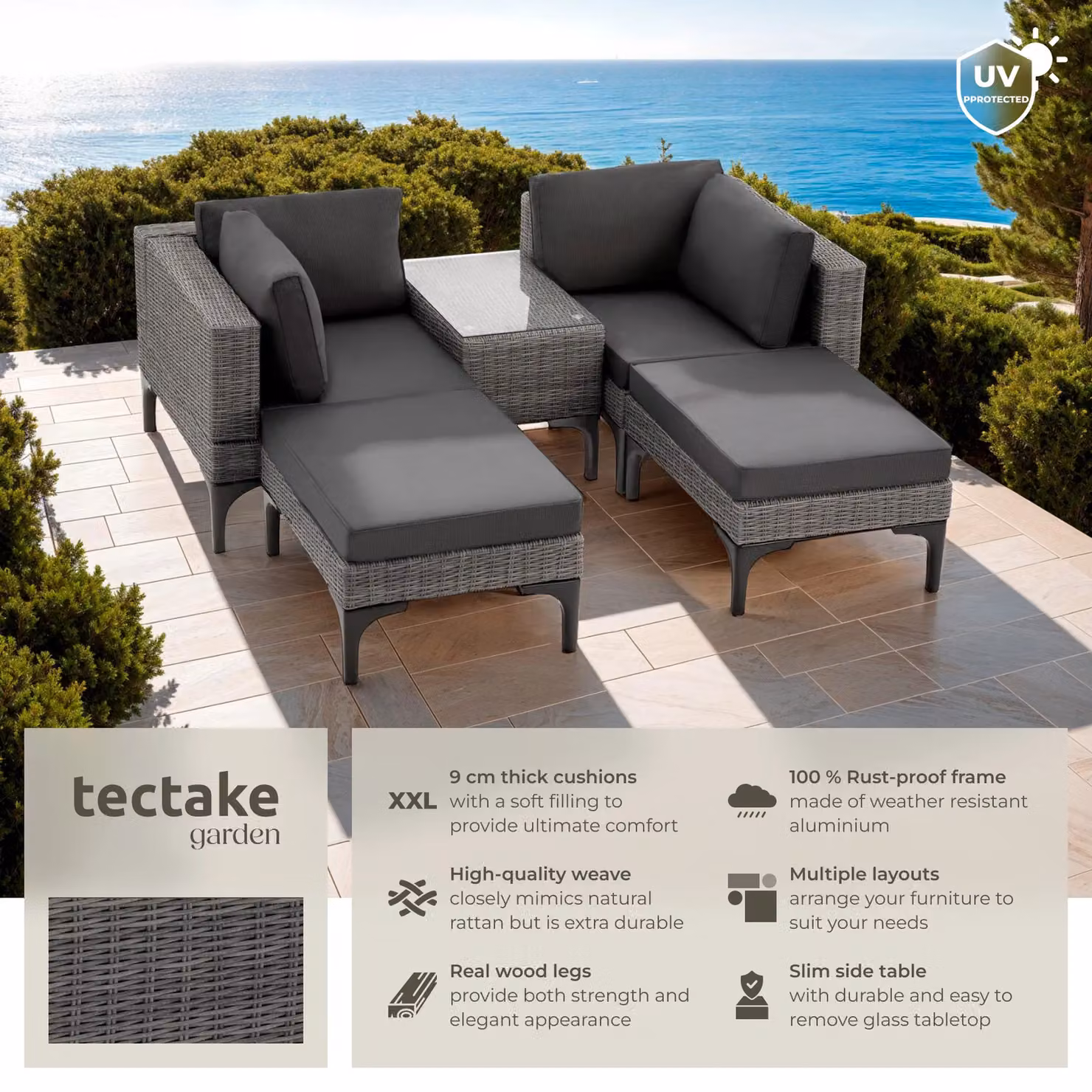 tectake Bellaria Rattan Lounge Set with Powder Coated Aluminium Frame and Ottoman in Grey for 4 People – 2