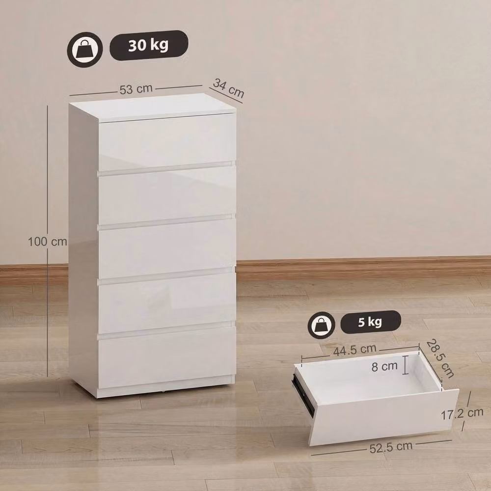NESTLUNE Modern White Glossy Bedroom Chest of Drawers with 5 Soft-Close Drawers, W: 100 cm – 2