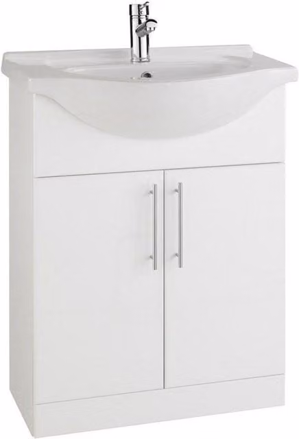 Clifton Gloss White Freestanding Bathroom Unit with Basin and Soft Close Doors, Width: 65 cm